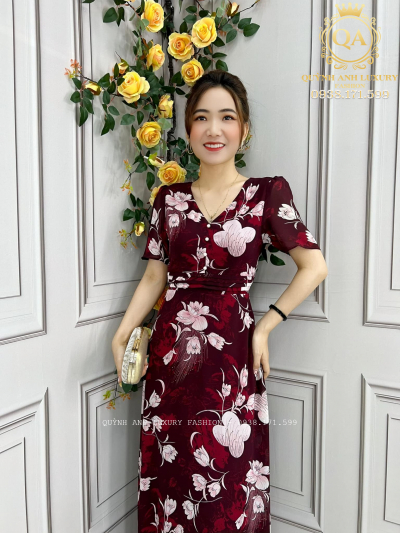 Đầm maxi voan hoa tay phồng