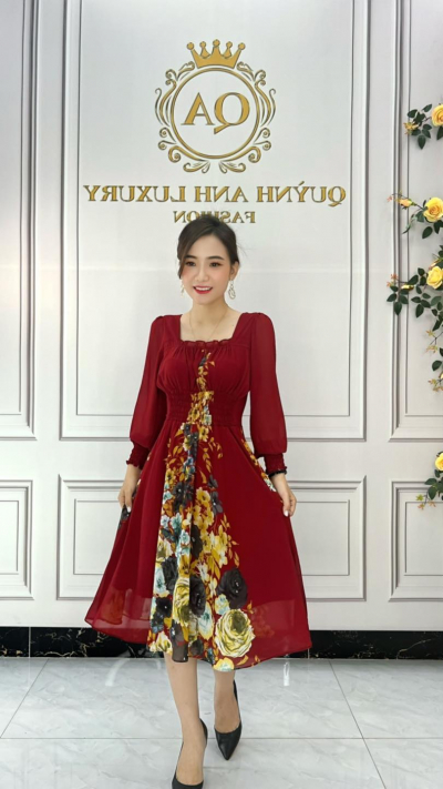 Đầm Xòe Đỏ Tay Phồng