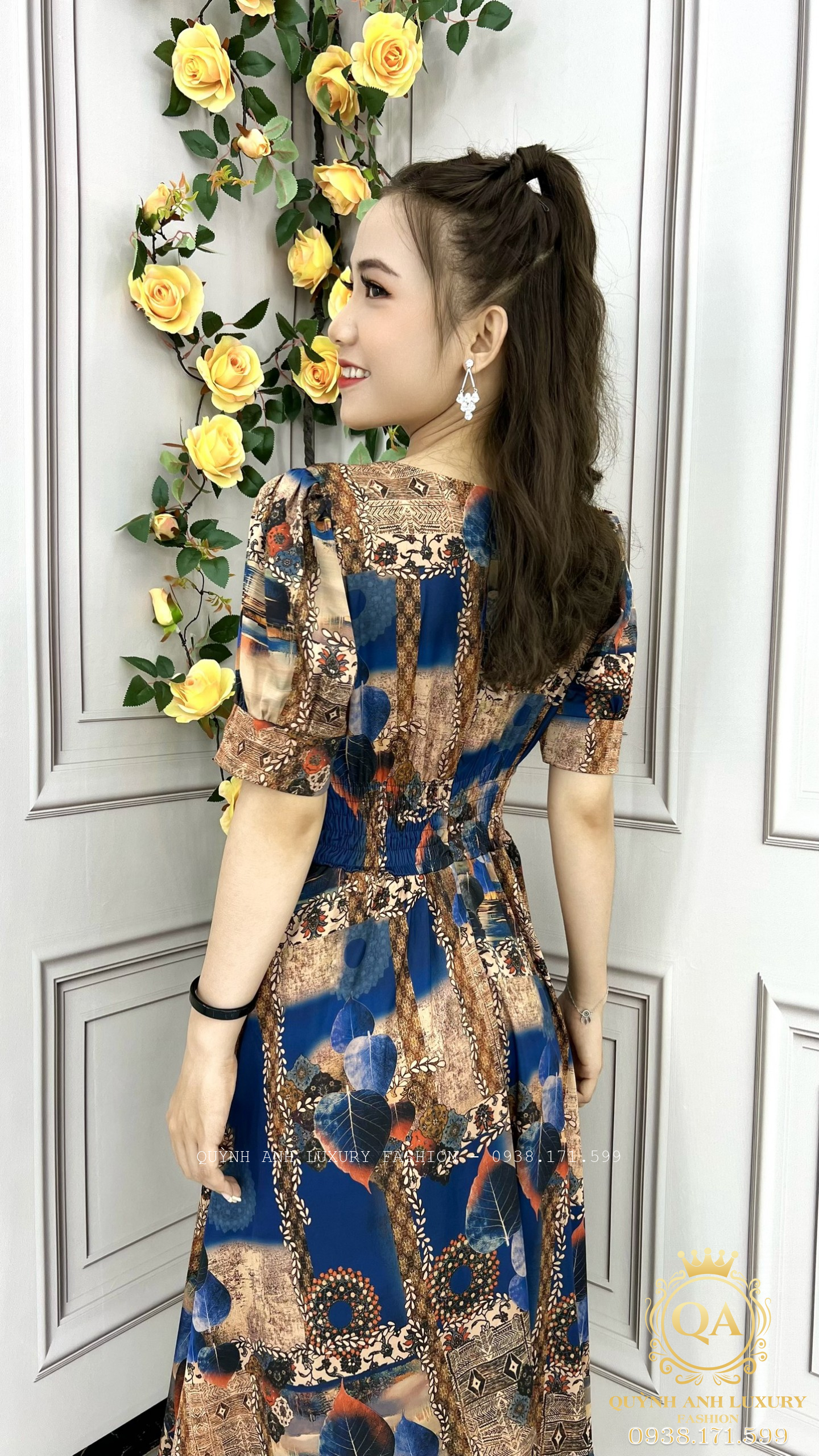 Đầm Xòe Lụa Họa Tiết 3D Tone Nâu Xanh Cao Cấp Vivian Dress