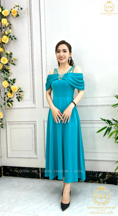 Đầm Xòe Trễ Vai Cao Cấp Tone Xanh Biển Luxury Ladonna Dress