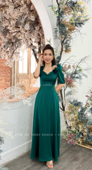 Váy Đầm Nữ Dạ Hội Tay Bồng Cổ Nữ Hoàng Kết Hoa Xinh Xắn Trẻ Trung Sang Trọng