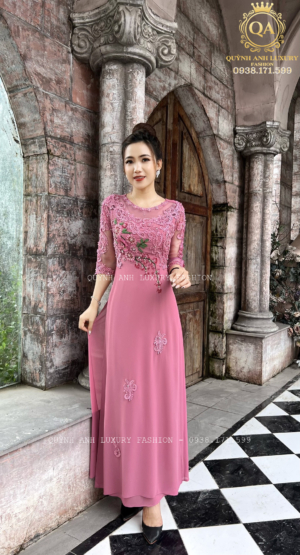 Áo Dài Bà Sui Voan Hồng Ruốc Đính Đá Kết Hoa Đẹp Cao Cấp