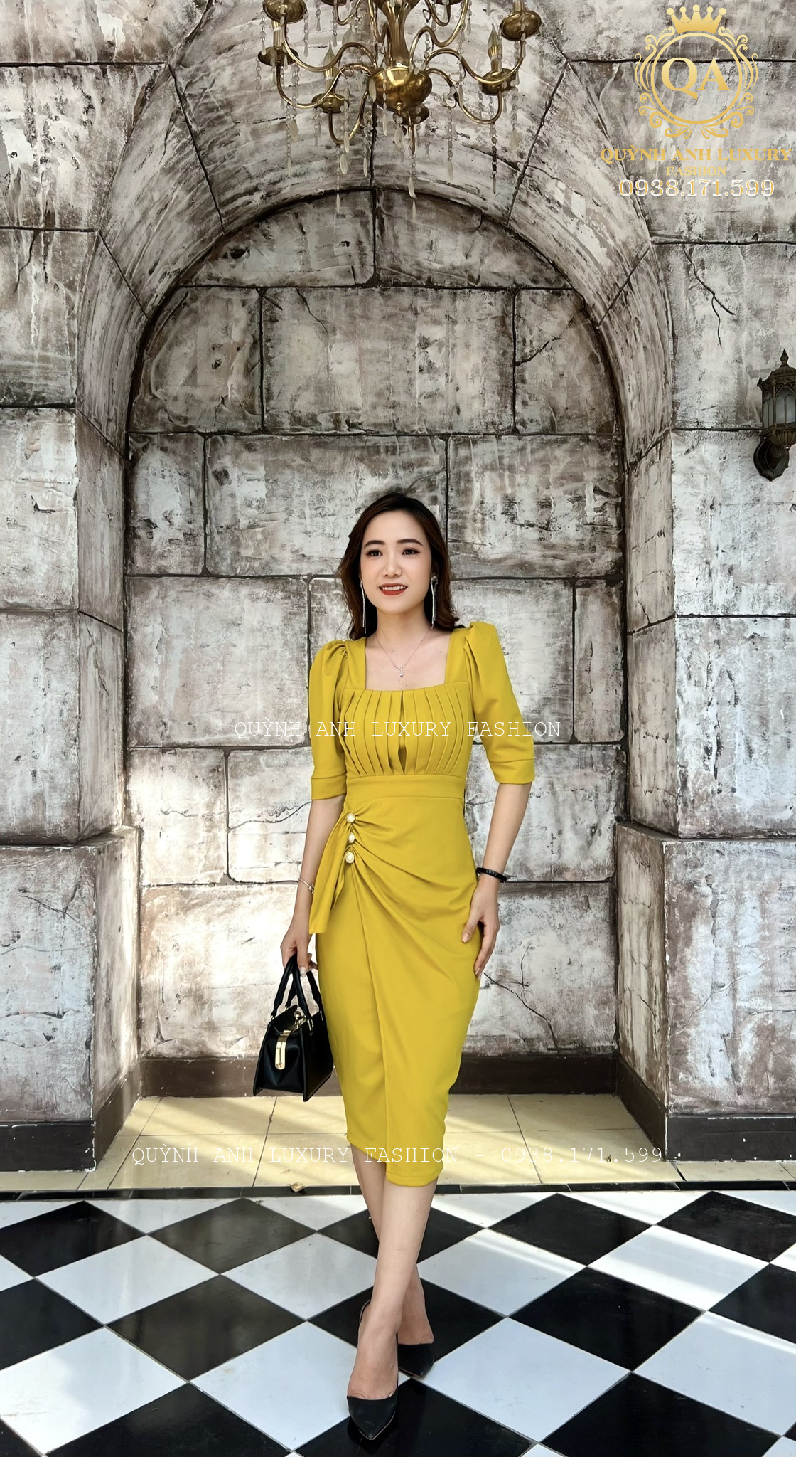 Đầm Váy Ôm Body Xếp Ly Vàng Tay Phồng Kết Ngọc Trai Mei Dress