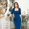 Đầm Váy Ôm Body Xếp Ly Xanh Tay Phồng Kết Ngọc Trai Mei Dress
