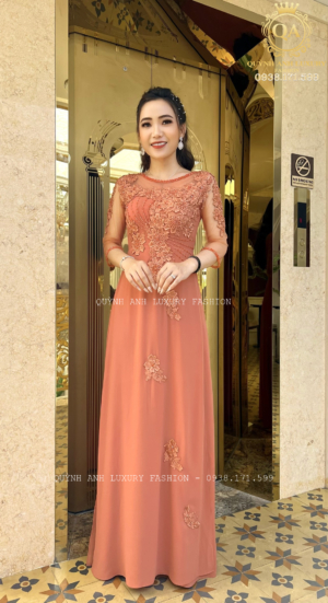 Áo Dài Dạ Hội Đám Hỏi Màu Cam Đào Đính Đá Kết Hoa Anthea Dress
