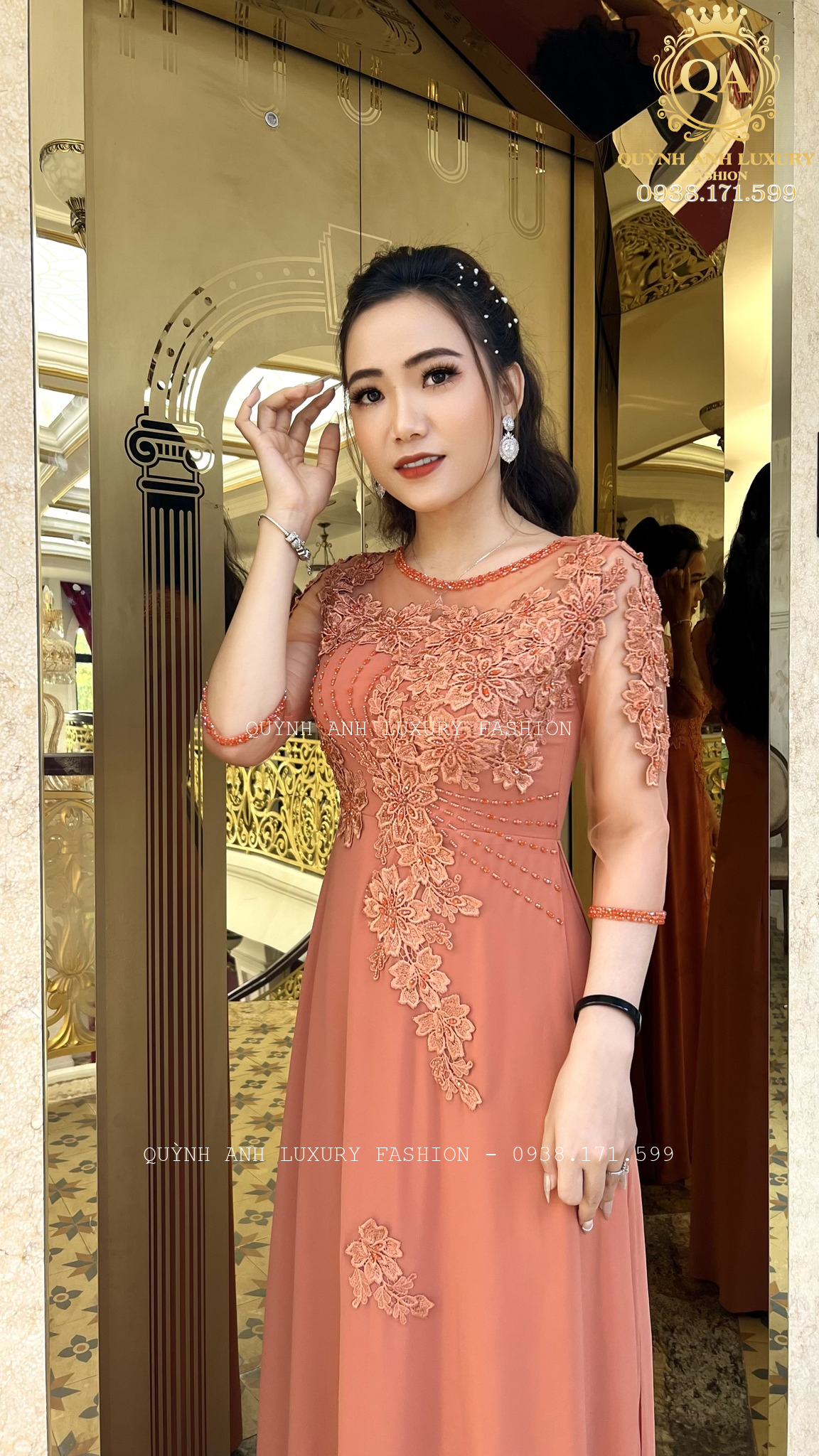 Áo Dài Dạ Hội Đám Hỏi Màu Cam Đào Đính Đá Kết Hoa Anthea Dress