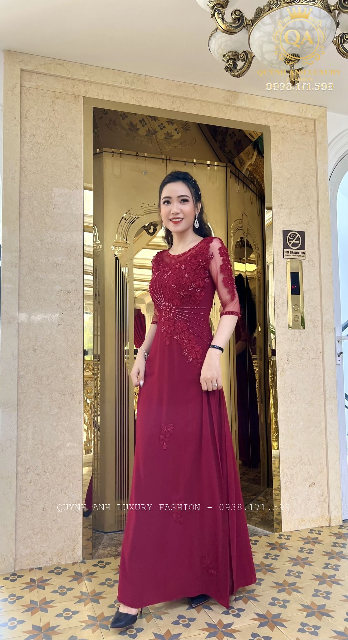 Áo Dài Dạ Hội Đám Hỏi Màu Đỏ Đính Đá Kết Hoa Anthea Dress