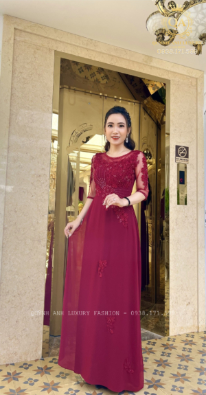 Áo Dài Dạ Hội Đám Hỏi Màu Đỏ Đính Đá Kết Hoa Anthea Dress