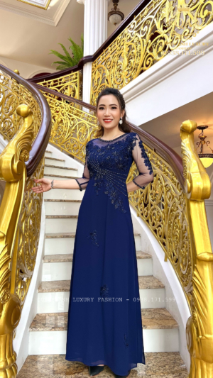 Áo Dài Dạ Hội Đám Hỏi Màu Xanh Đen Đính Đá Kết Hoa Anthea Dress