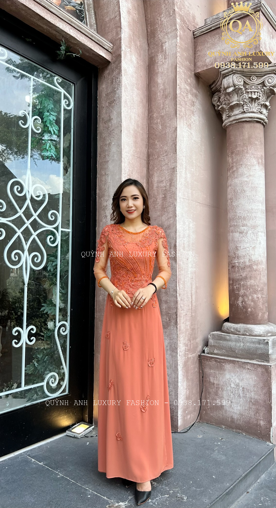 Váy Dạ Hội Áo Dài Cam Đào Trung Niên Sang Trọng Florence Dress