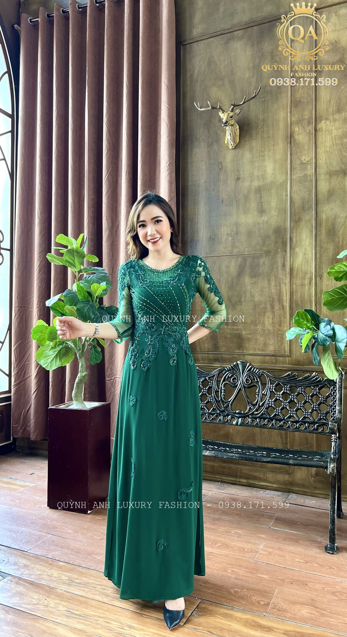 vay-da-hoi-ao-dai-xanh-reu-trung-nien-sang-trong-cao-cap-florence-dress-1 Váy Dạ Hội Áo Dài Xanh Rêu Trung Niên Sang Trọng Cao Cấp Florence Dress