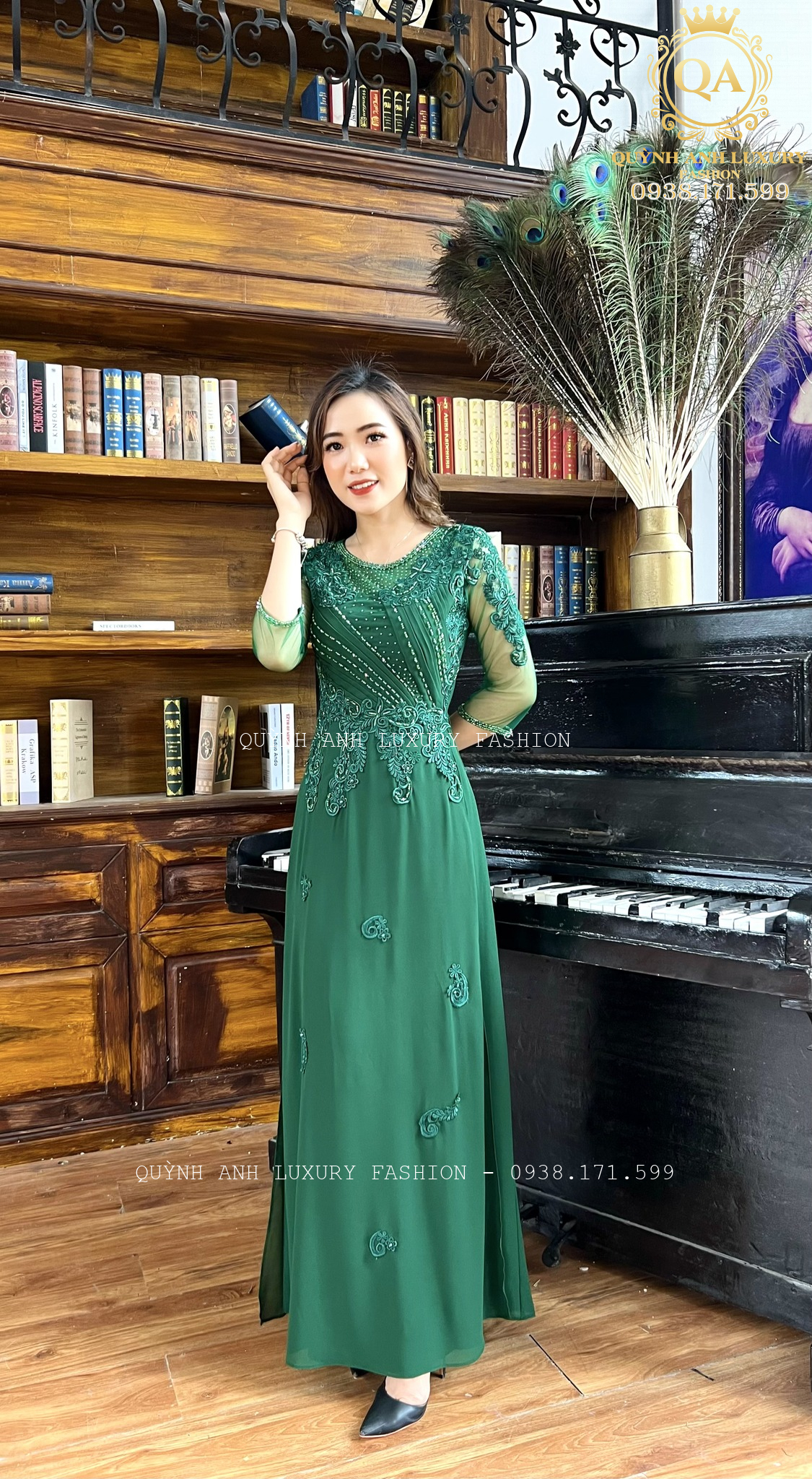 vay-da-hoi-ao-dai-xanh-reu-trung-nien-sang-trong-cao-cap-florence-dress-6 Váy Dạ Hội Áo Dài Xanh Rêu Trung Niên Sang Trọng Cao Cấp Florence Dress