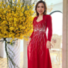 Áo Dài Dạ Hội Cổ Nữ Hoàng Đỏ Tay Dài Đính Đá Cao Cấp Hera Dress