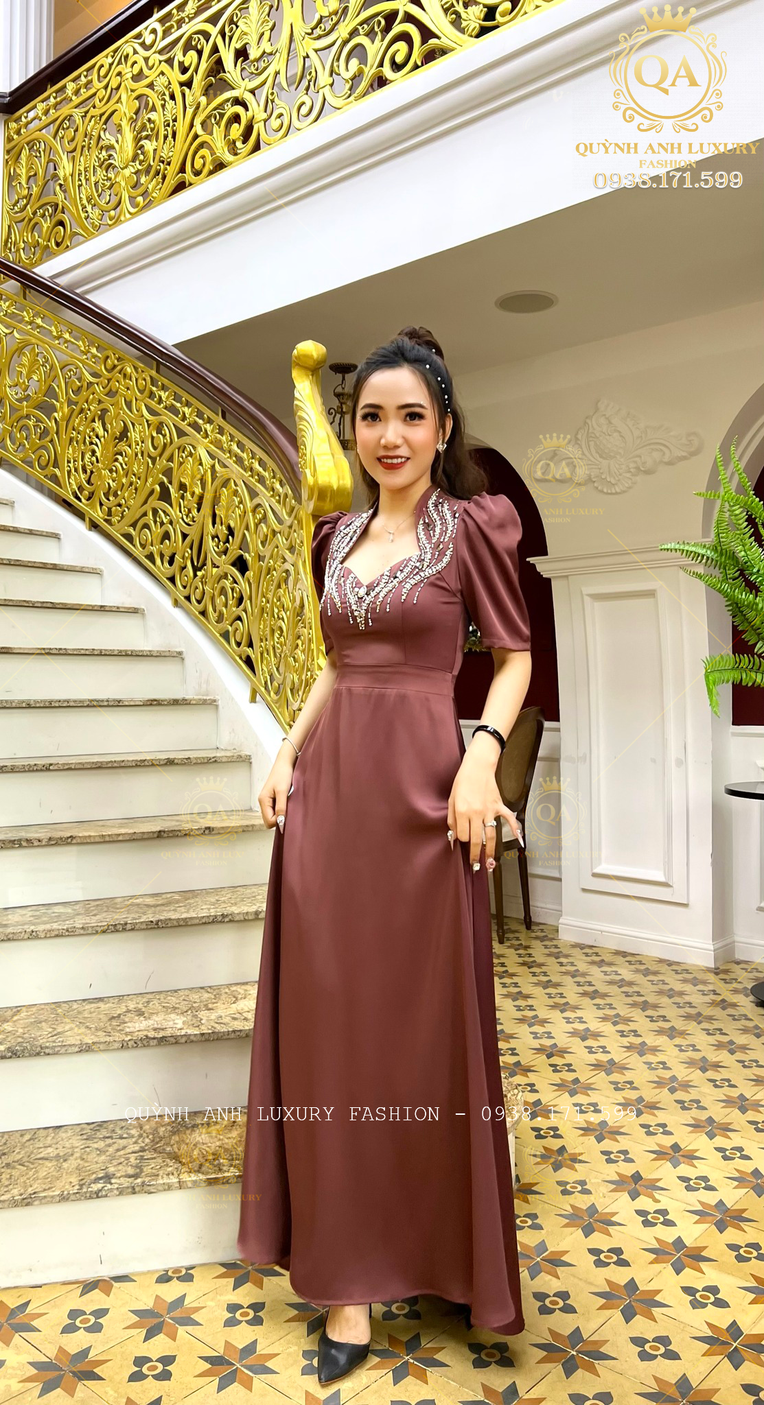 Váy Dạ Hội Lụa Vàng Đồng Cao Cấp Kim Sa Viền Eo 65  93cm