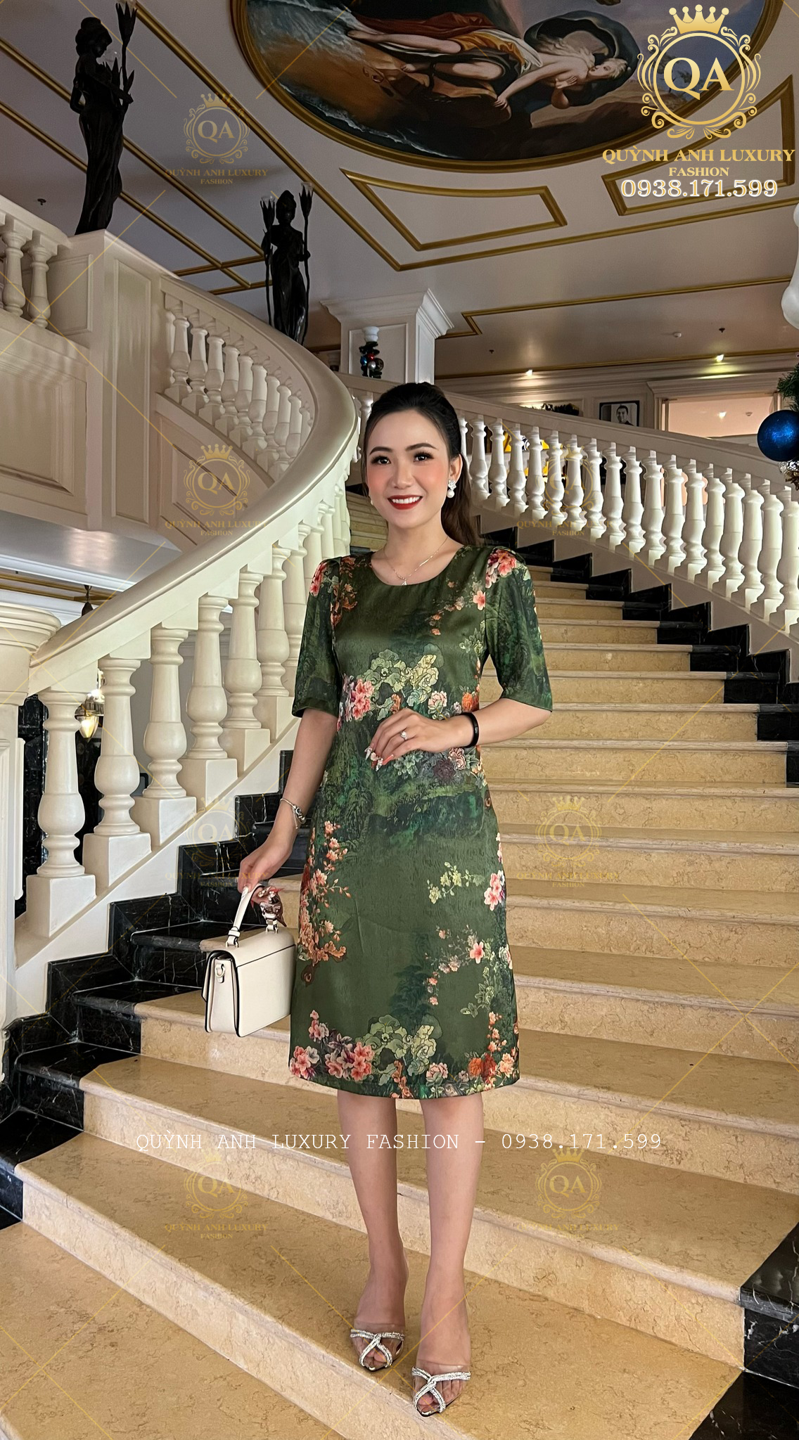Đầm Suông Hoa 3D Tone Xanh Cổ Tròn Cao Cấp Olwen Dress