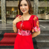 Đầm Xoè Hoa 3D Đỏ Cổ Vuông Dập Ly Tay Loe Voan Cao Cấp Sandra Dress
