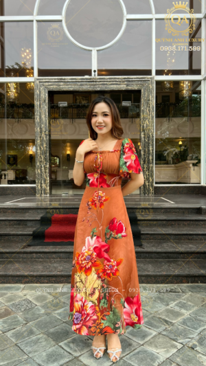 Đầm Xoè Hoa 3D Nâu Tây Cổ Vuông Dập Ly Tay Loe Voan Cao Cấp Sandra Dress