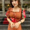 Đầm Xoè Hoa 3D Nâu Tây Cổ Vuông Dập Ly Tay Loe Voan Cao Cấp Sandra Dress
