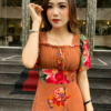Đầm Xoè Hoa 3D Nâu Tây Cổ Vuông Dập Ly Tay Loe Voan Cao Cấp Sandra Dress
