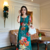 Đầm Xoè Hoa 3D Xanh Cổ Vuông Dập Ly Tay Loe Voan Cao Cấp Sandra Dress