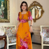 Đầm Xoè Hoa Vàng 3D Cổ Vuông Dập Ly Tay Loe Voan Cao Cấp Sandra Dress