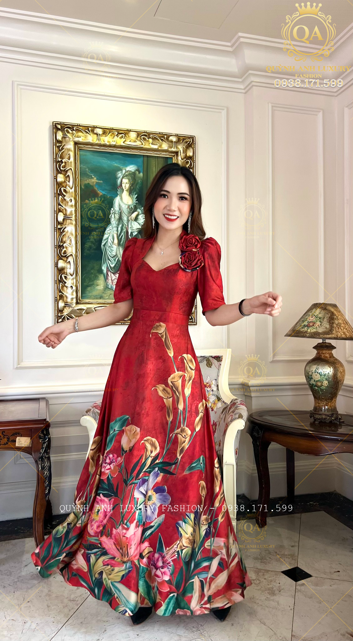 Đầm Xoè Nữ Hoàng Đỏ Hoạ Tiết Hoa Cao Cấp Sang Trọng Lilybelle Dress
