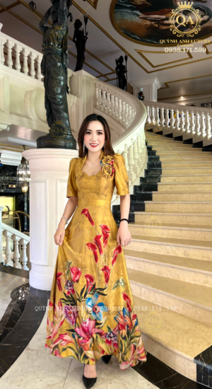 Đầm Xoè Nữ Hoàng Vàng Hoạ Tiết Hoa Cao Cấp Sang Trọng Lilybelle Dress