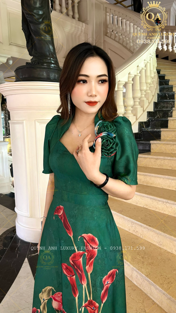 Đầm Xoè Nữ Hoàng Xanh Hoạ Tiết Hoa Cao Cấp Sang Trọng Lilybelle Dress