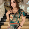 Váy Đầm Suông 3D Tone Xanh Thổ Cẩm Cổ Tim Lụa Vân Pháp Cao Cấp Mabel Dress