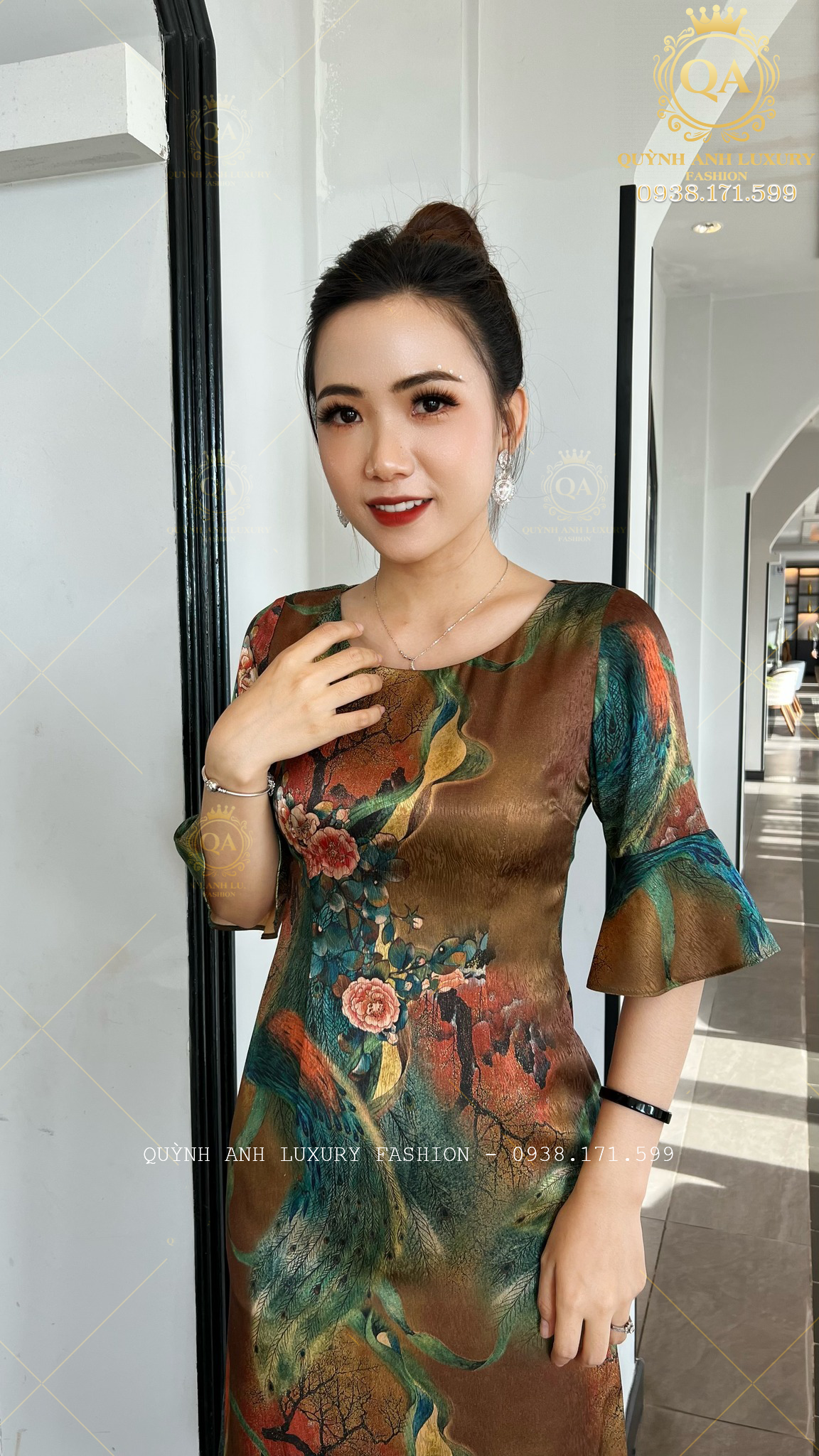 Váy Đầm Suông Ngắn Hoa 3D Tone Nâu Xanh Tay Loe Cao Cấp Vera Dress