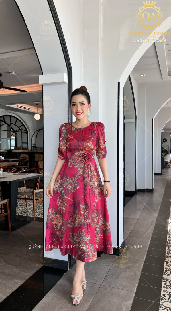 Váy Đầm Xoè Hoa Tone Hồng Đậm Đẹp Sang Trọng Cao Cấp Akina Dress
