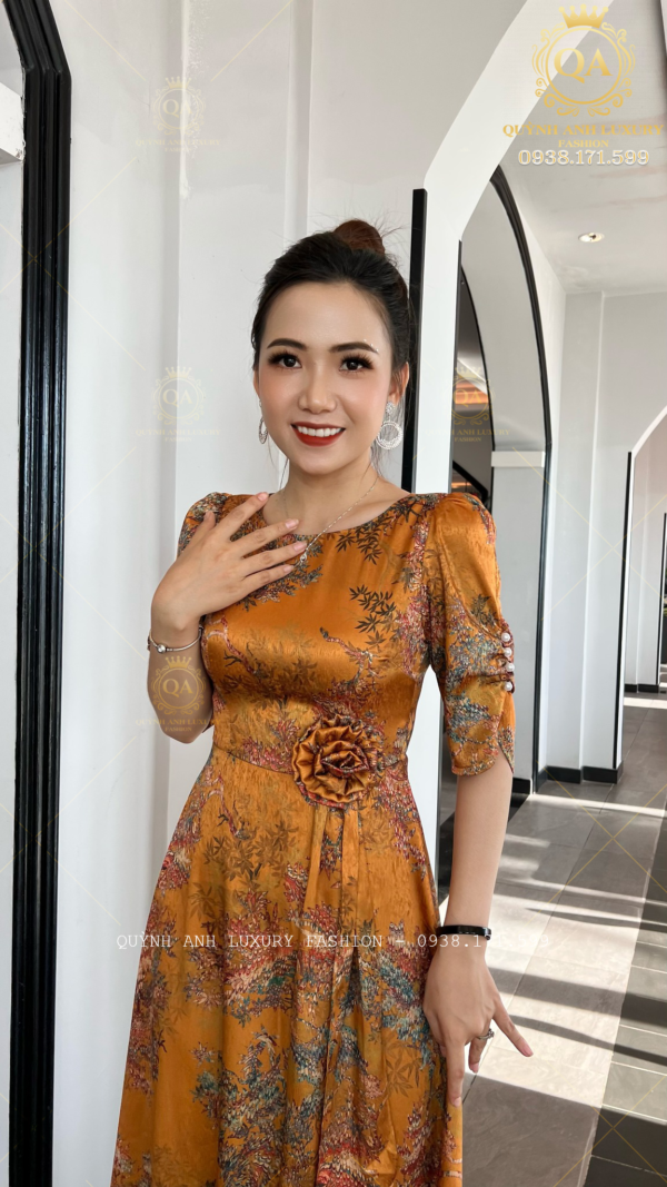 Váy Đầm Xoè Hoa Tone Vàng Đẹp Sang Trọng Cao Cấp Akina Dress