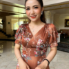 Đầm Xoè Hoa Tone Nâu Cổ V Tay Phồng Lụa Ánh Kim Cao Cấp Lealia Dress