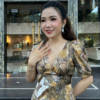 Đầm Xoè Hoa Tone Nâu Vàng Cổ V Phối Lưới Lụa Ánh Kim Cao Cấp Nadia Dress
