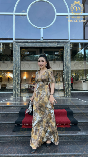 Đầm Xoè Hoa Tone Nâu Vàng Cổ V Phối Lưới Lụa Ánh Kim Cao Cấp Nadia Dress