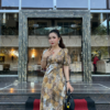 Đầm Xoè Hoa Tone Nâu Vàng Cổ V Phối Lưới Lụa Ánh Kim Cao Cấp Nadia Dress