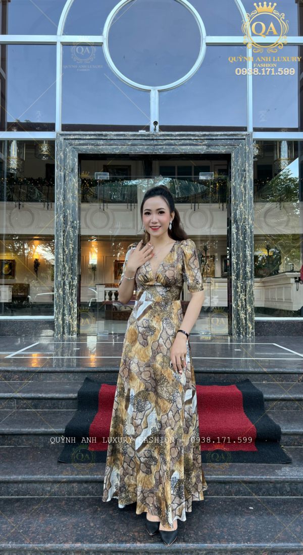 Đầm Xoè Hoa Tone Nâu Vàng Cổ V Phối Lưới Lụa Ánh Kim Cao Cấp Nadia Dress