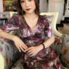 Đầm Xoè Hoa Tone Tím Cổ V Phối Lưới Lụa Ánh Kim Cao Cấp Nadia Dress