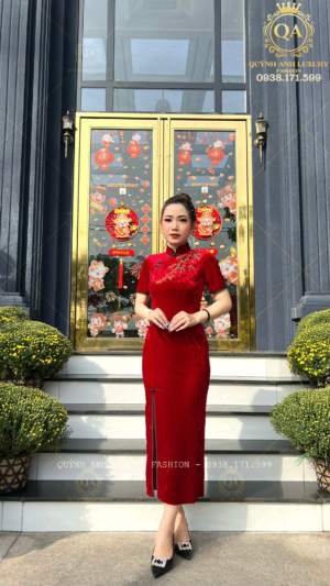 Sườn Xám Lụa Nhung Tuyết Đỏ Trung Hoa Sang Trọng Nenito Dress