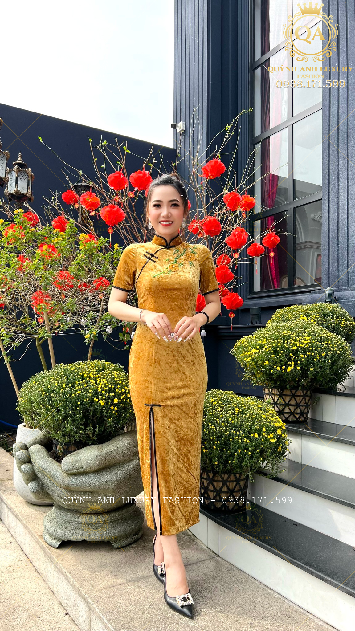 suon-xam-lua-nhung-tuyet-vang-trung-hoa-nenito-dress-2 Sườn Xám Lụa Nhung Tuyết Vàng Trung Hoa Sang Trọng Nenito Dress