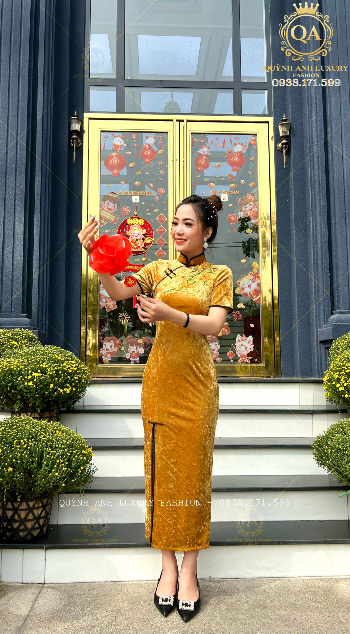 suon-xam-lua-nhung-tuyet-vang-trung-hoa-nenito-dress-4 Sườn Xám Lụa Nhung Tuyết Vàng Trung Hoa Sang Trọng Nenito Dress