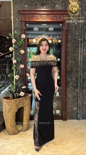 Đầm Dạ Hội Tiệc Đen Phối Bèo Bẹt Vai Đính Đá Cao Cấp Xavia Dress