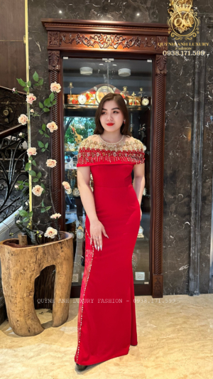 Đầm Dạ Hội Tiệc Đỏ Phối Bèo Bẹt Vai Đính Đá Cao Cấp Xavia Dress
