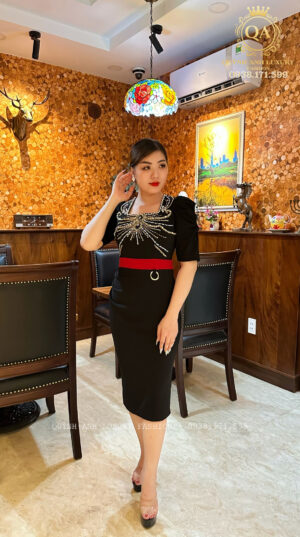 Đầm Body Dự Tiệc Đen Cổ Vuông Kết Đá Ngọc Trai Cao Cấp Celina Dress