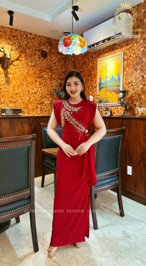 Đầm Dạ Hội Tay Cánh Tiên Đỏ Đính Đá Sang Trọng Farrah Dress