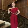 Đầm Dạ Hội Dáng Dài Đỏ Mận Cổ Tròn Kết Ngọc Trai Lily Dress