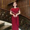 Đầm Dạ Hội Dáng Dài Đỏ Mận Cổ Tròn Kết Ngọc Trai Lily Dress