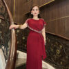 Đầm Dạ Hội Dáng Dài Đỏ Mận Cổ Tròn Kết Ngọc Trai Lily Dress