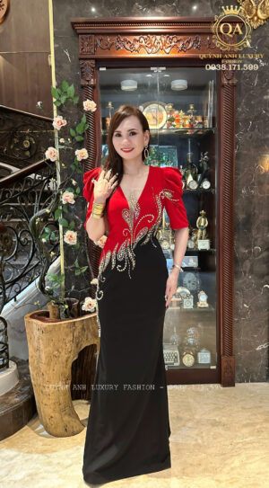 Đầm Dạ Hội Đuôi Cá Đỏ Cổ V Phối Lưới Donna Dress