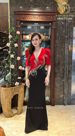 Đầm Dạ Hội Đuôi Cá Đỏ Cổ V Phối Lưới Donna Dress